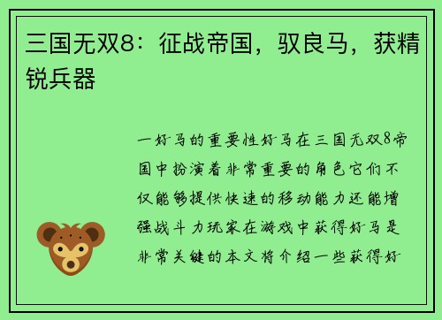 三国无双8：征战帝国，驭良马，获精锐兵器